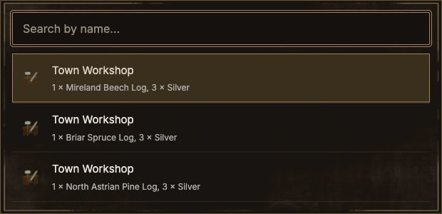 The planner keeps each Town Workshop log recipe as a separate choice, with its ingredients visible.