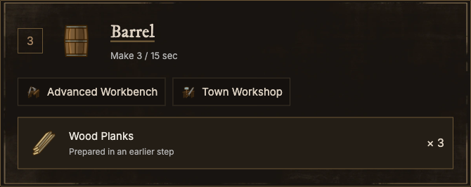 Three Barrel are prepared for the saddle recipe. The Wood Planks has already been made in the earlier step.