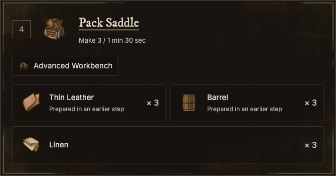 The final Pack Saddle step consumes the prepared Thin Leather and Barrel, together with Linen.